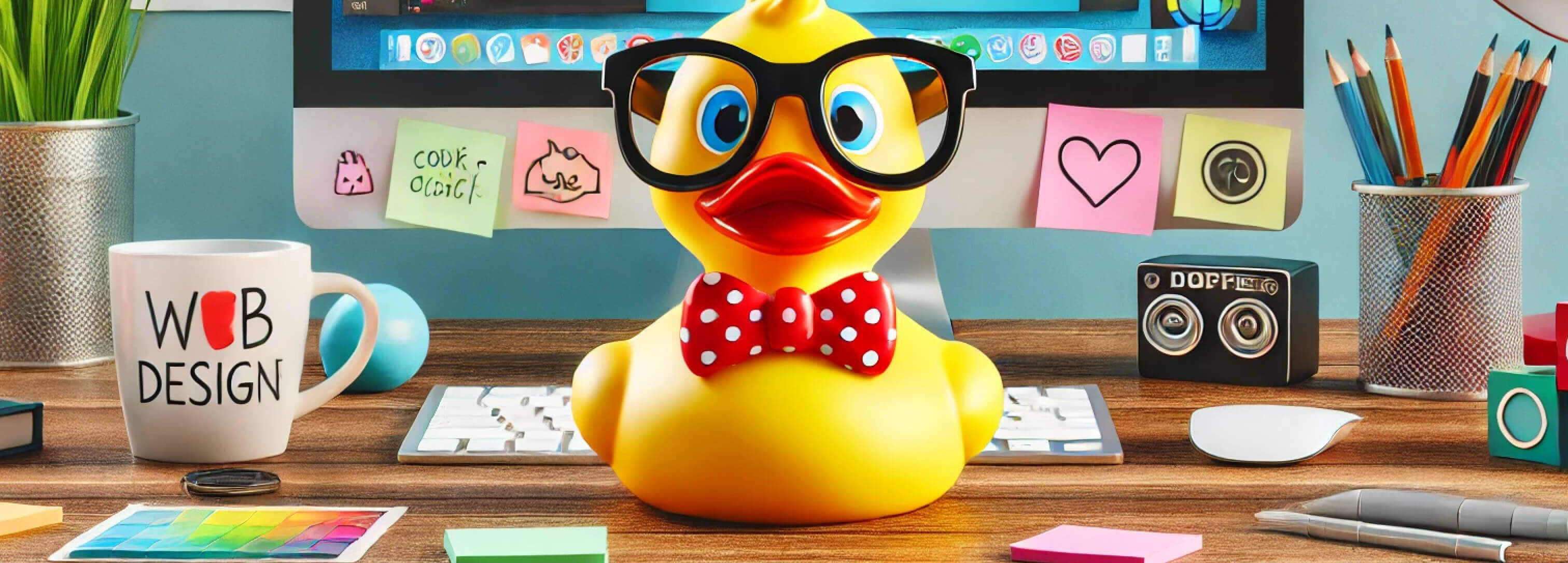 Een Rubber Ducky die je recht aankijkt. Op een bureau met een computer op de achtergrond.